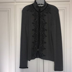 CAbi Gray Sweater w/Black Velvet Trim & Embroidery